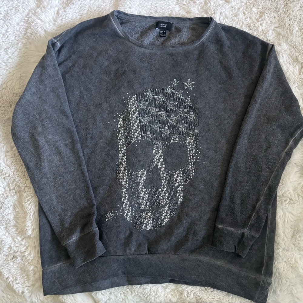 MNG Jeans Gray Silver Flag Skull Design Studded LS Sweatshirt Top Womens Size XL